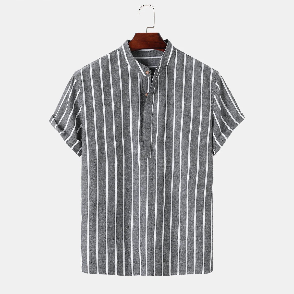 Men's striped casual short sleeve shirt in 100% cotton, available in white, red, gray, and blue.