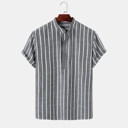 Men's striped casual short sleeve shirt in 100% cotton, available in white, red, gray, and blue.
