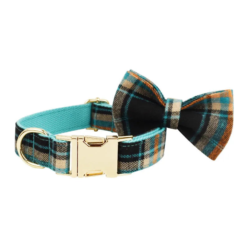 Green retro four-piece dog accessory set with collar, leash, bow and vest on cloth background