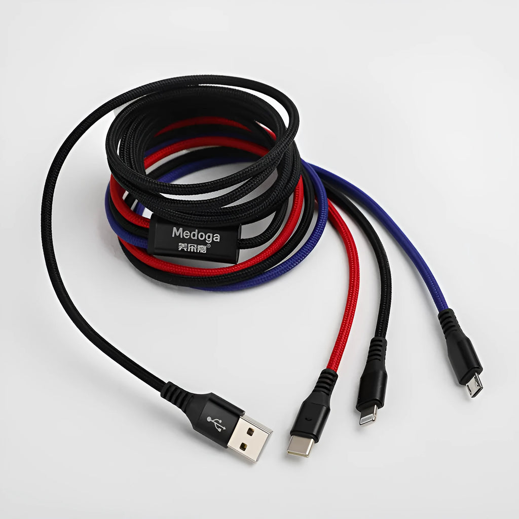 Type-C three-in-one data cable in white with nylon braided wire, 2 metre length, three charging heads