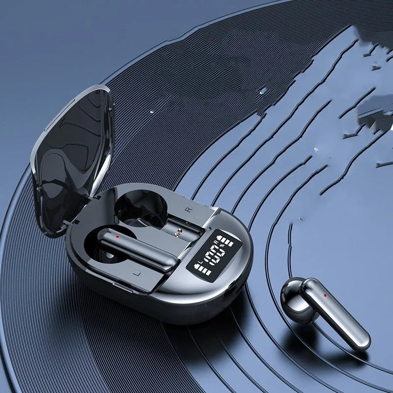 Black and white wireless Bluetooth earbuds with digital display charging case.