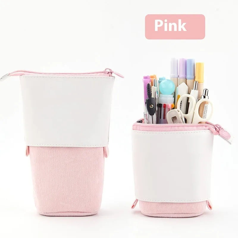 Drop-down telescopic stationery case in Korean style, shown in multiple PU corduroy colours.