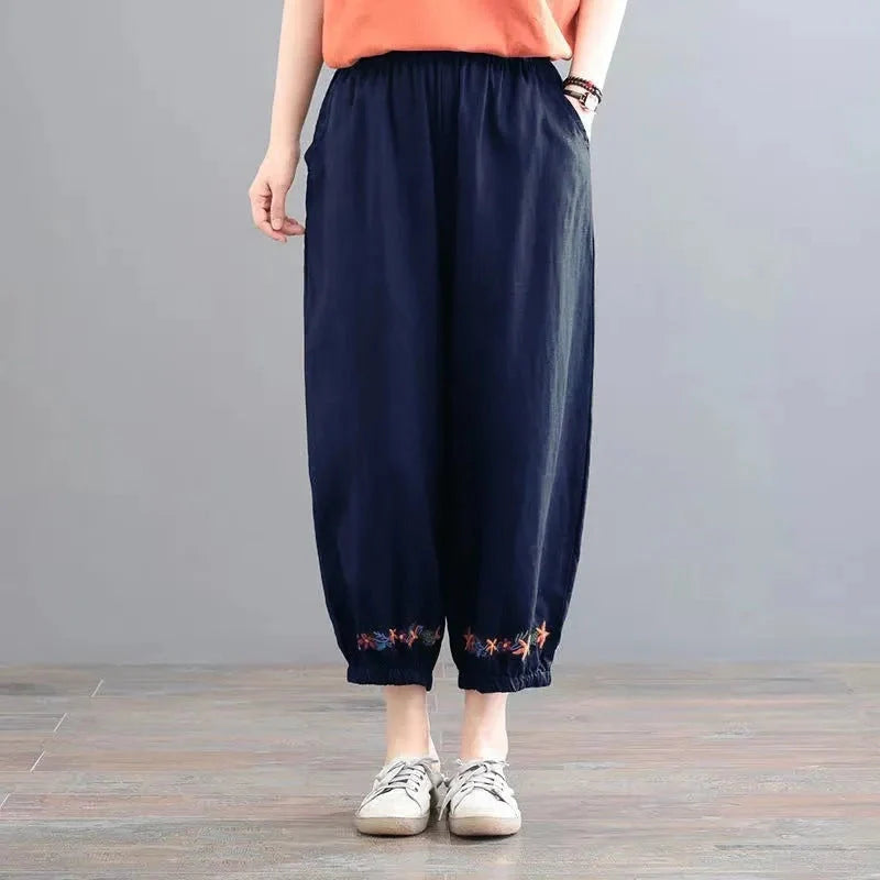 Women's vintage cotton linen casual pants in solid colours - beige, black, grey, navy blue