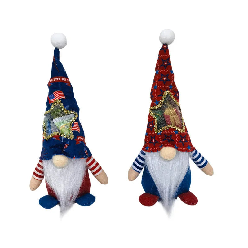 Two matching faceless baby doll Rudolf Christmas ornaments made from red and white polyester cloth