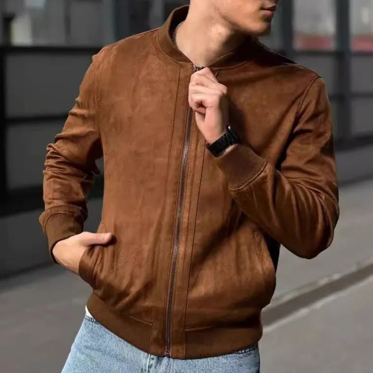 Suede solid colour polyester coat in brown, regular length, with collar and front buttons, shown on mannequin