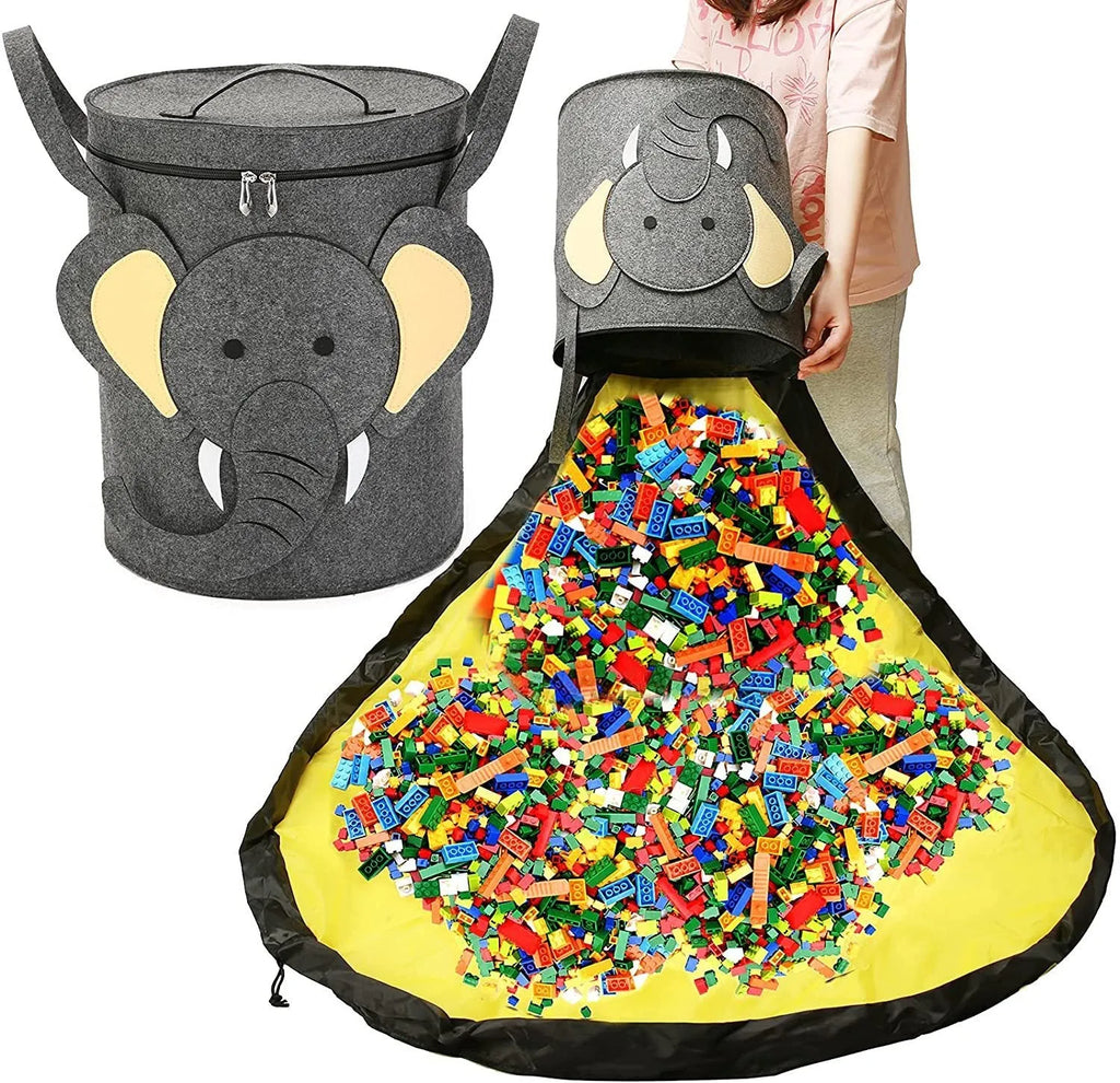 Green felt cube storage bag with pull rope, laid flat as a play mat and gathered into a bag.