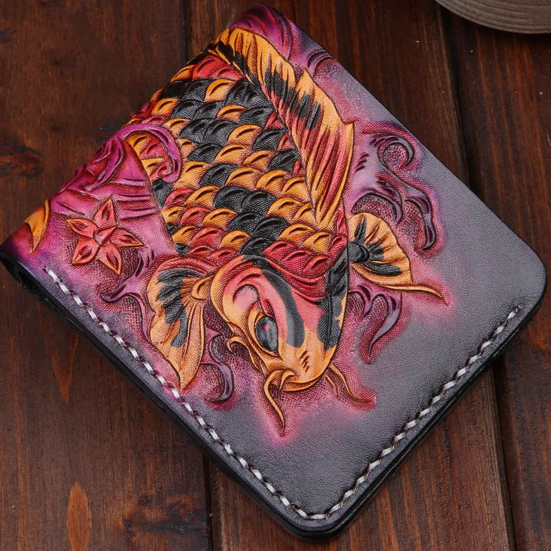 Men's red cow leather short wallet lying open, showing its simple interior and dimensions.