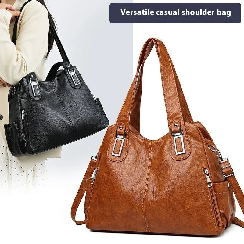 Women's soft PU tote bag in square vertical shape with single shoulder strap and internal zippered compartment