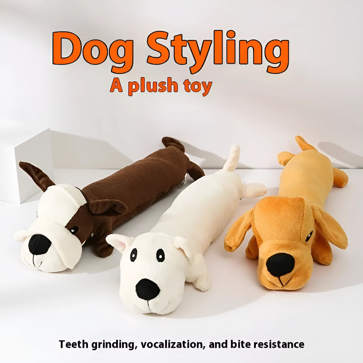 Pet animal plush toy sound for dogs in yellow lying dog colour with sound function for molar cleaning