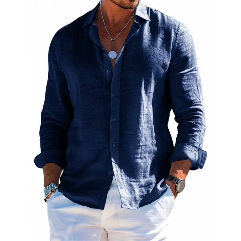 Men's long sleeve shirt casual loose lapel button top solid colour polyester plus size blouse clothing