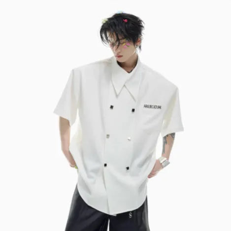 Men's loose-fit short-sleeved casual shirt with lapel collar and decorative button detail.