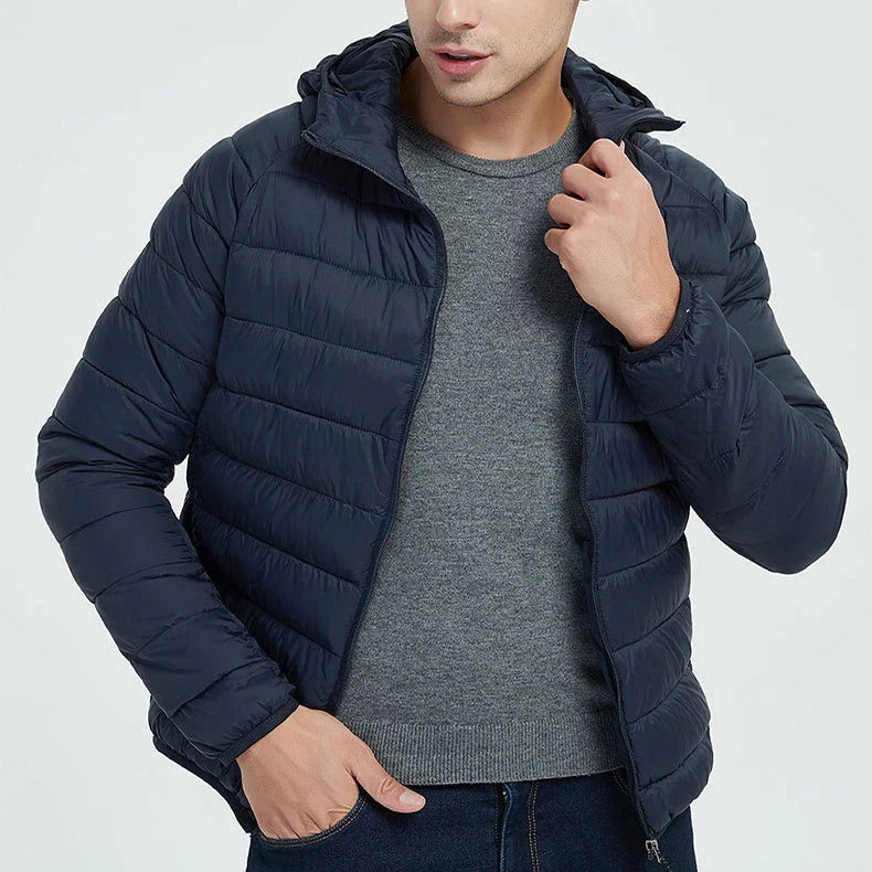 Lightweight, hooded zip-up jacket in navy blue, black, gray, and wine red colors