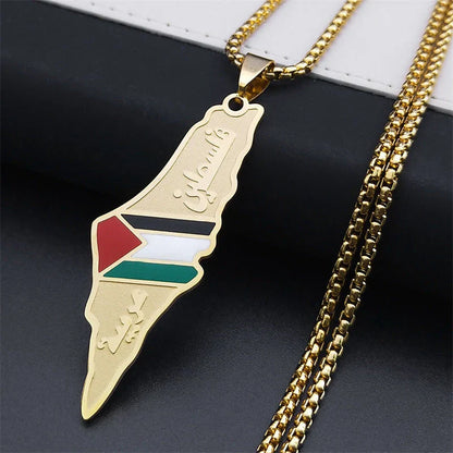 Stainless steel pendant necklace featuring the detailed map of Palestine and Israel in a gold or silver finish