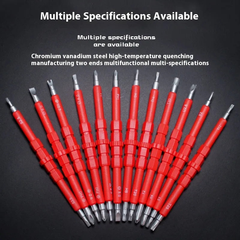 26-in-1 electrician screwdriver set with red plastic handle, magnetic Cr-V steel bits, and T20 cutter head on a white background