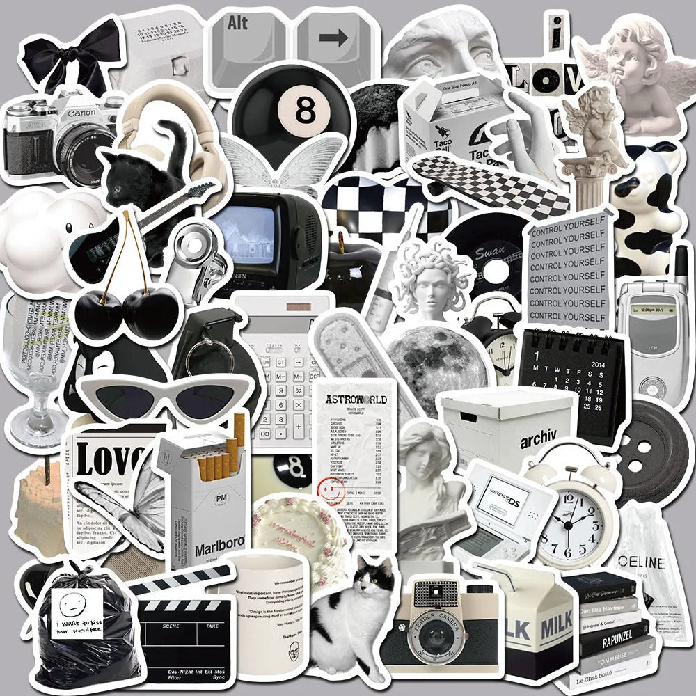 61 black and white waterproof PVC vinyl stickers for laptop and drink bottle personalisation.