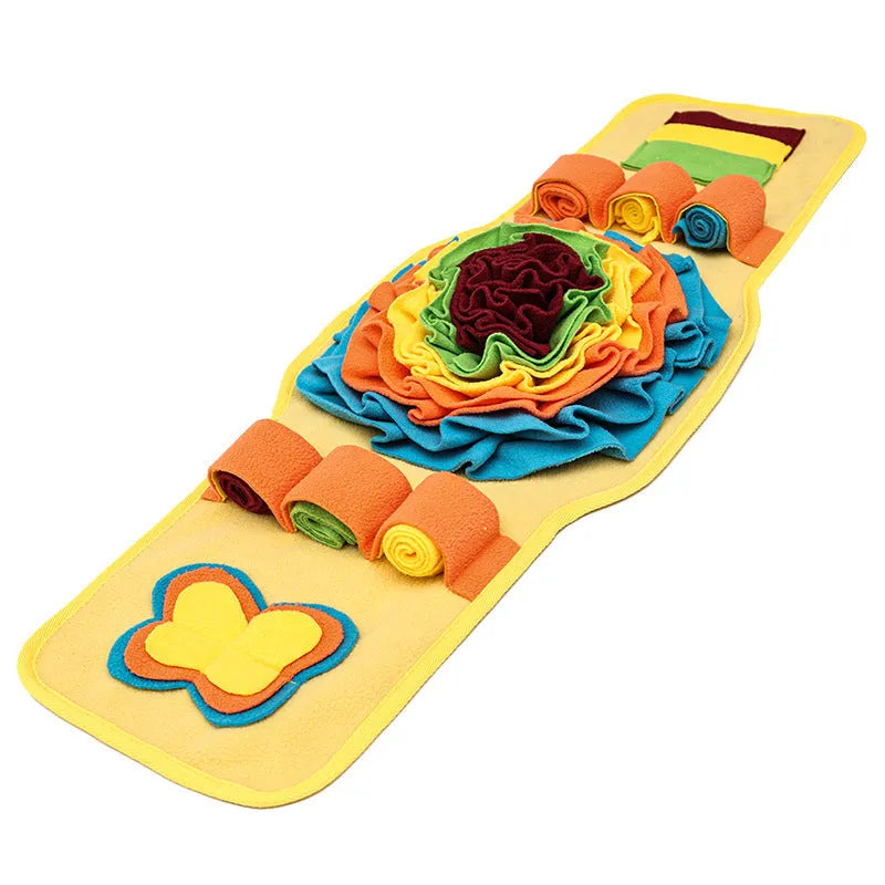 Blue and yellow watch-style pet sniff mat with fleece strips for slow feeding and nosework training