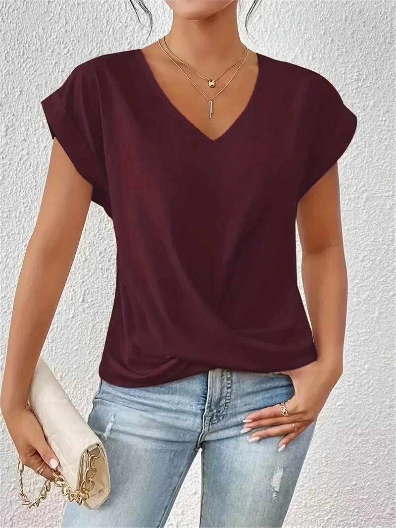 Women's summer casual short-sleeve T-shirt with unique irregular knot design in various colours