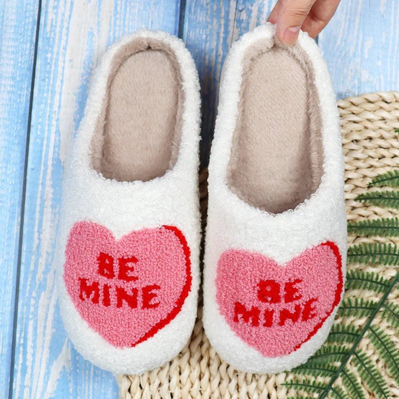 Valentine's Day Love Heart Cotton Slippers in white with non-slip sole