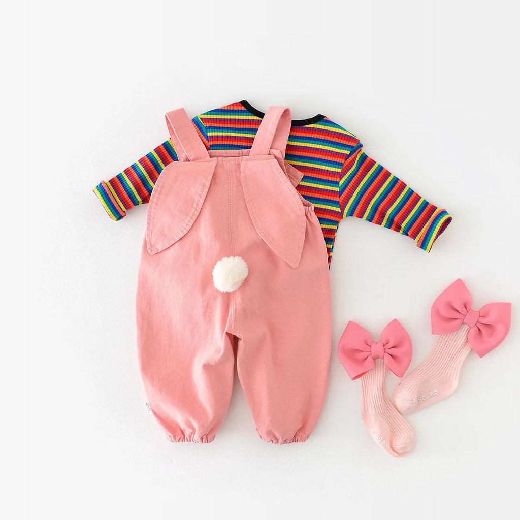 Baby cotton suspender pants pink overalls with cartoon rabbit ear design high waist