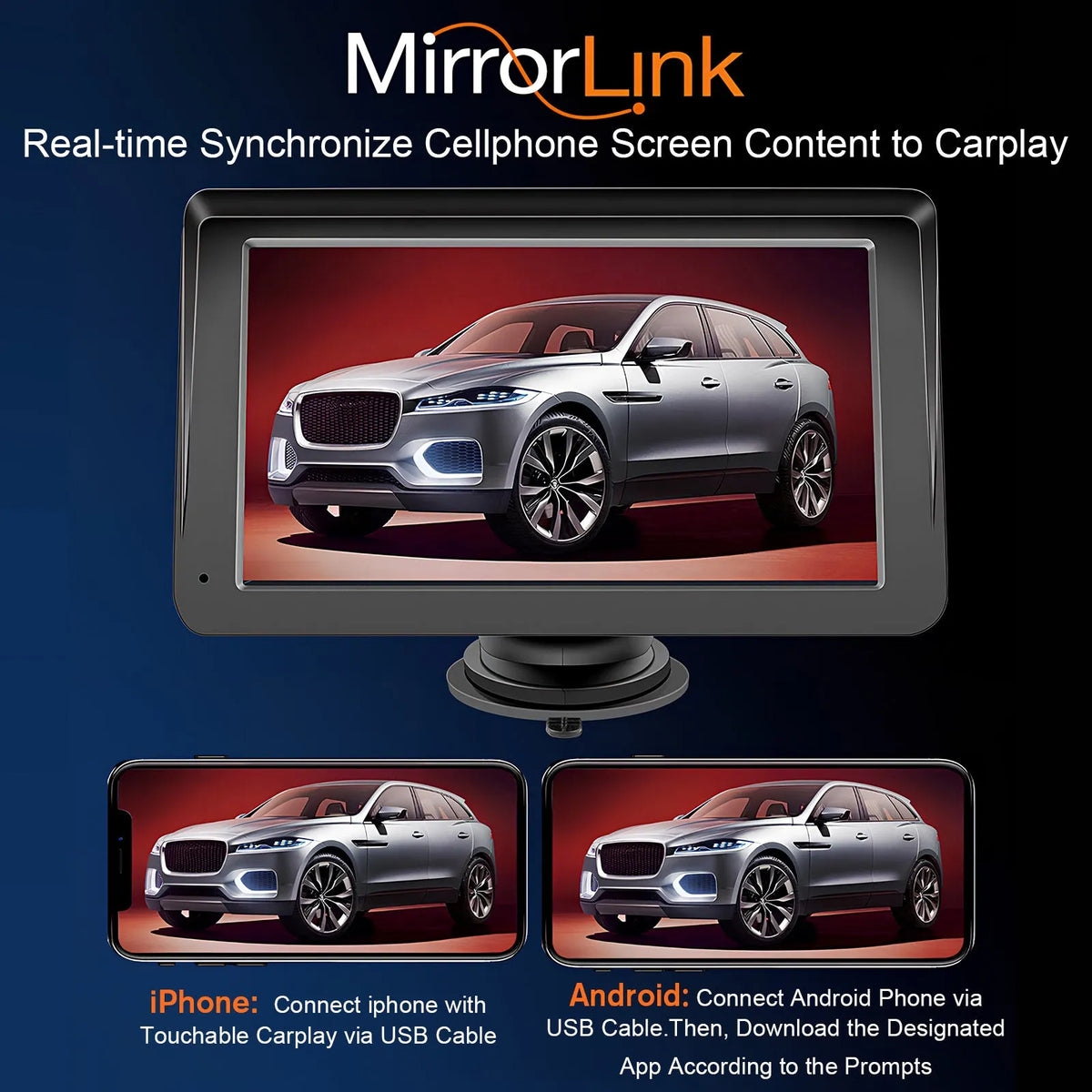 Portable 7-inch car stereo with wireless CarPlay and Android Auto touchscreen display