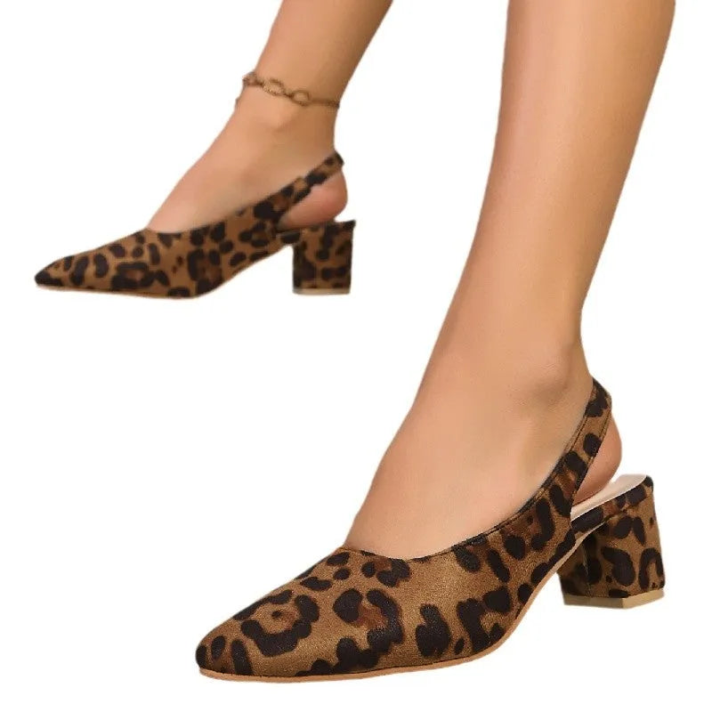 Pointed toe leopard print women's high heel sandals with suede upper and mid heel 3-6cm