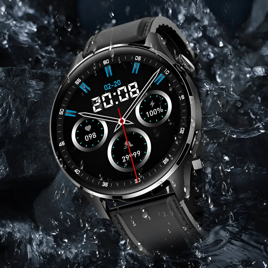 Black smart watch with a round 1.32-inch screen on a silicone strap, showing Bluetooth calling interface.