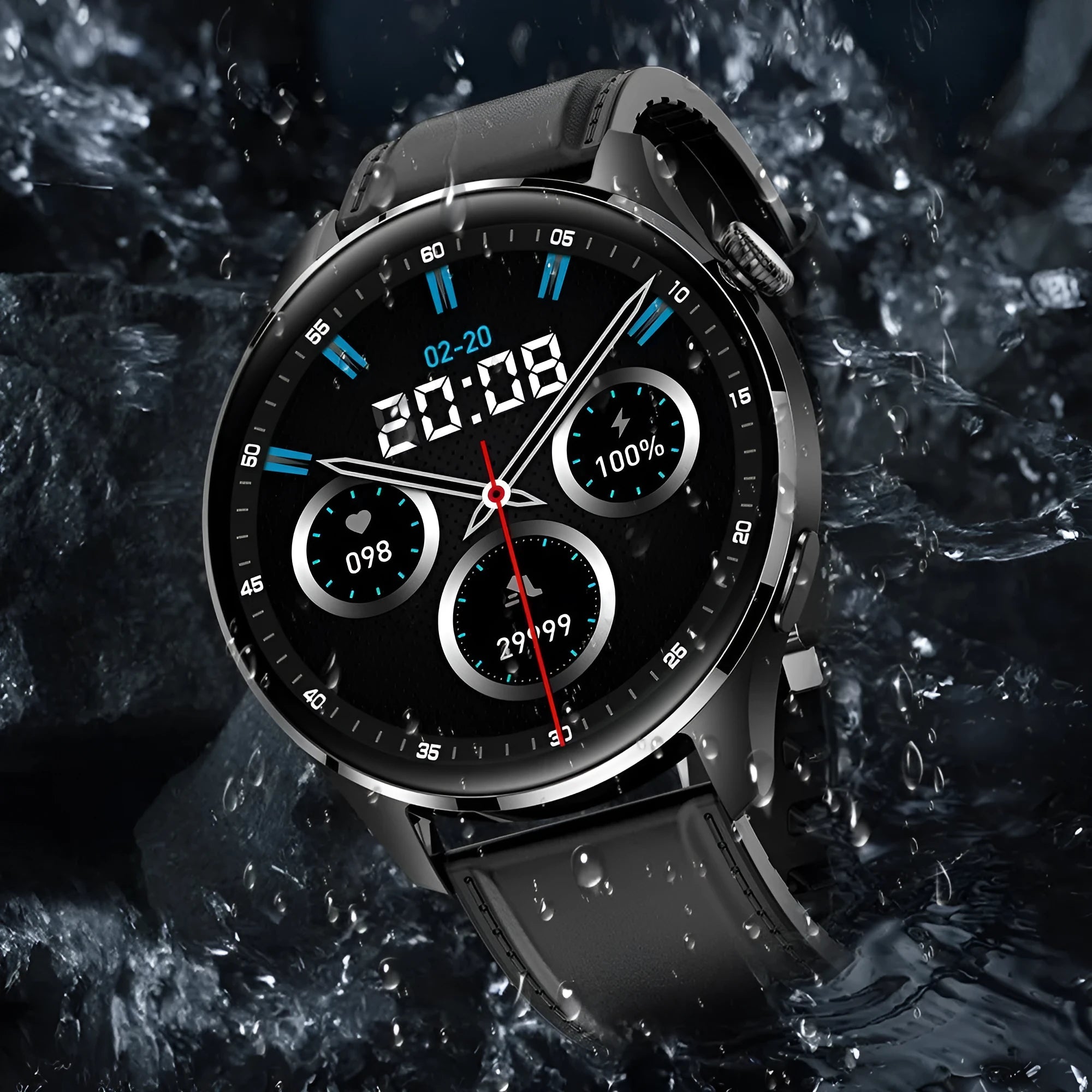 Black smart watch with a round 1.32-inch screen on a silicone strap, showing Bluetooth calling interface.