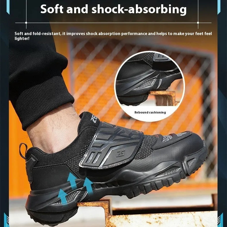 Black safety work shoes with steel toe caps, buckle fastening, and mesh uppers showing protective features