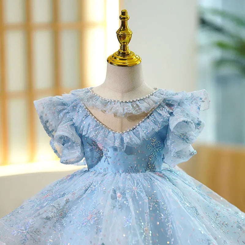 Girl's sky blue princess costume dress in polyester fabric for parties