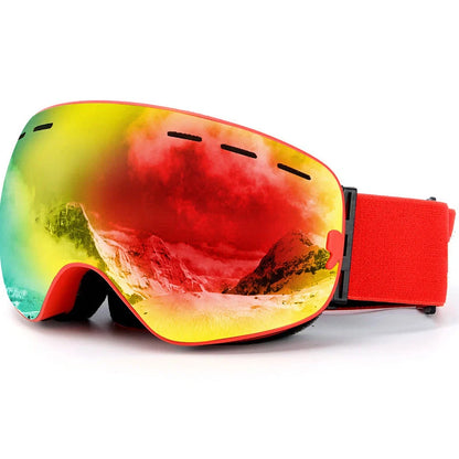 Double-layer TPU ski goggles with coated spherical mirror showing red film option and adjustable strap