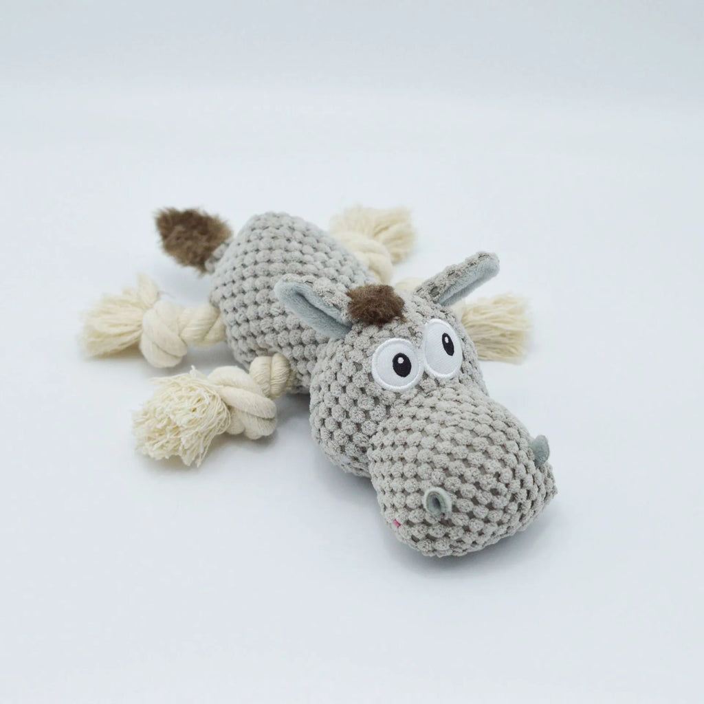 Grey donkey-shaped plush dog toy with squeaker measuring 27cm long