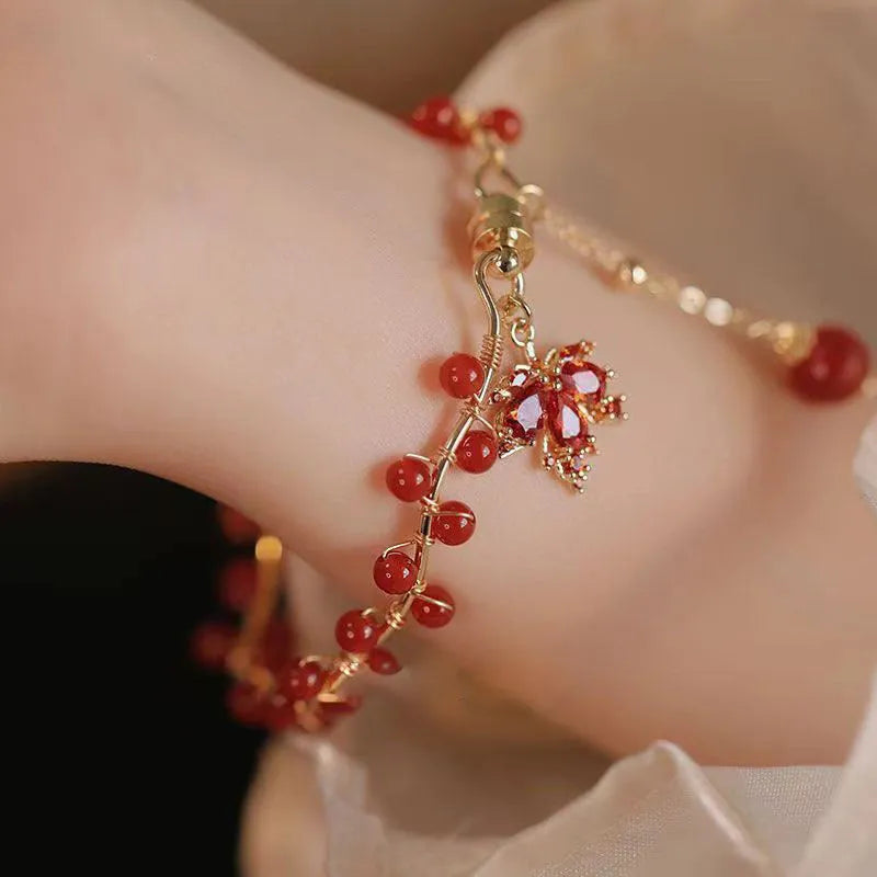 Red ginkgo leaf Chinese style magnetic bracelet with alloy electroplating