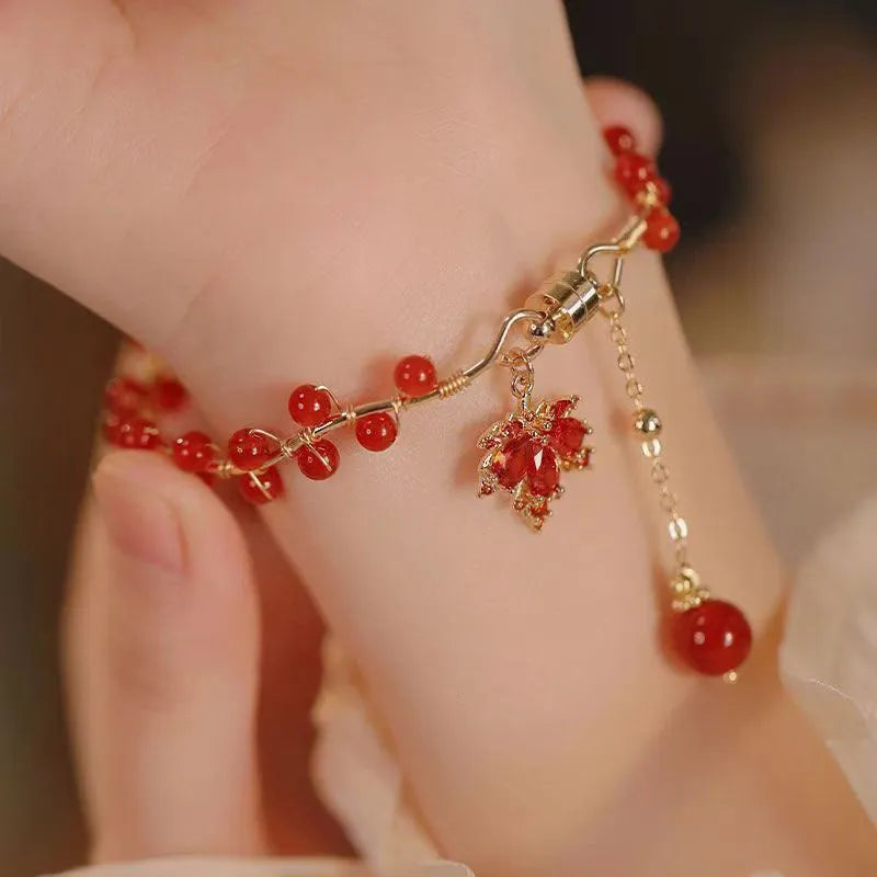 Red ginkgo leaf Chinese style magnetic bracelet with alloy electroplating