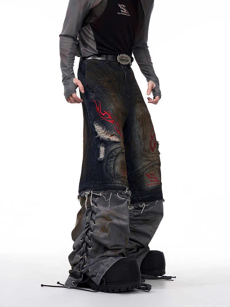 Men's retro jeans with detachable trouser legs showing wide leg styling