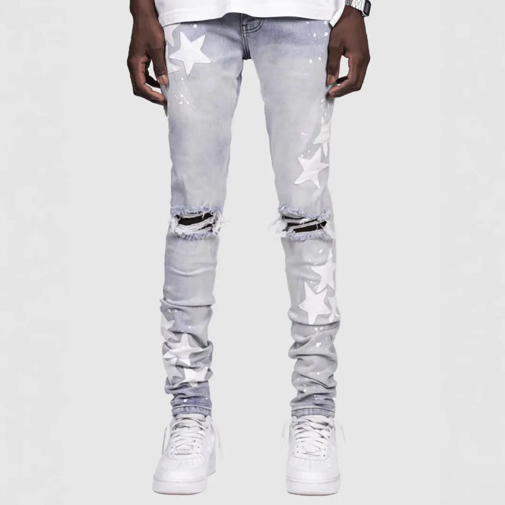 Men's slim stretch blue jeans with embroidery detailing on denim fabric