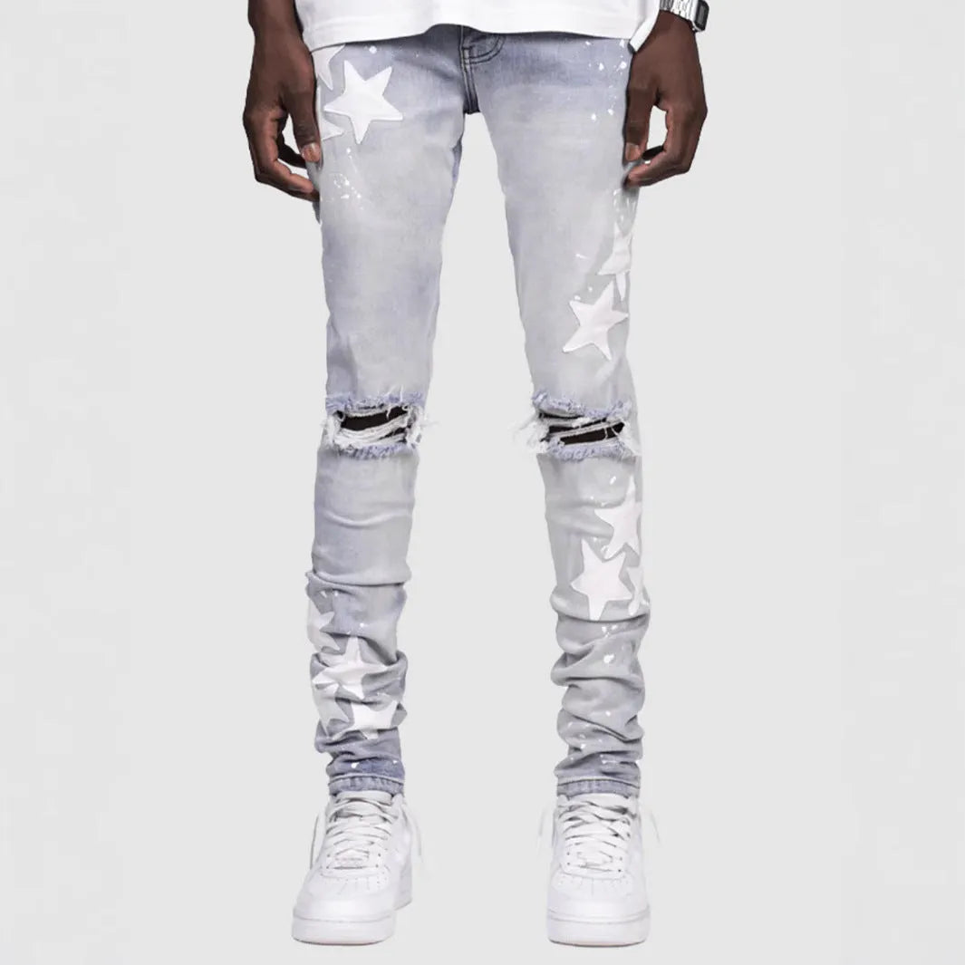 Men's slim stretch blue jeans with embroidery detailing on denim fabric