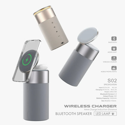 A sleek and modern 3-in-1 device that wirelessly charges your iPhone and AirPods, plays Bluetooth audio, and features a touch-controlled lamp for enhanced convenience and ambiance