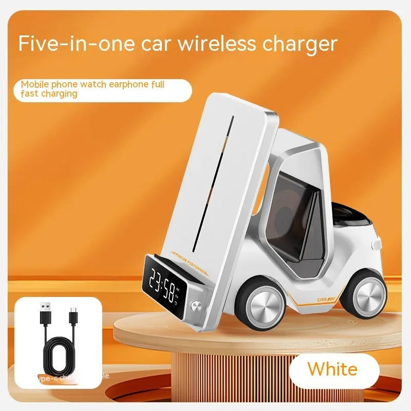 15W three-in-one wireless charging stand in grey, holding a phone, earbuds, and a smartwatch.