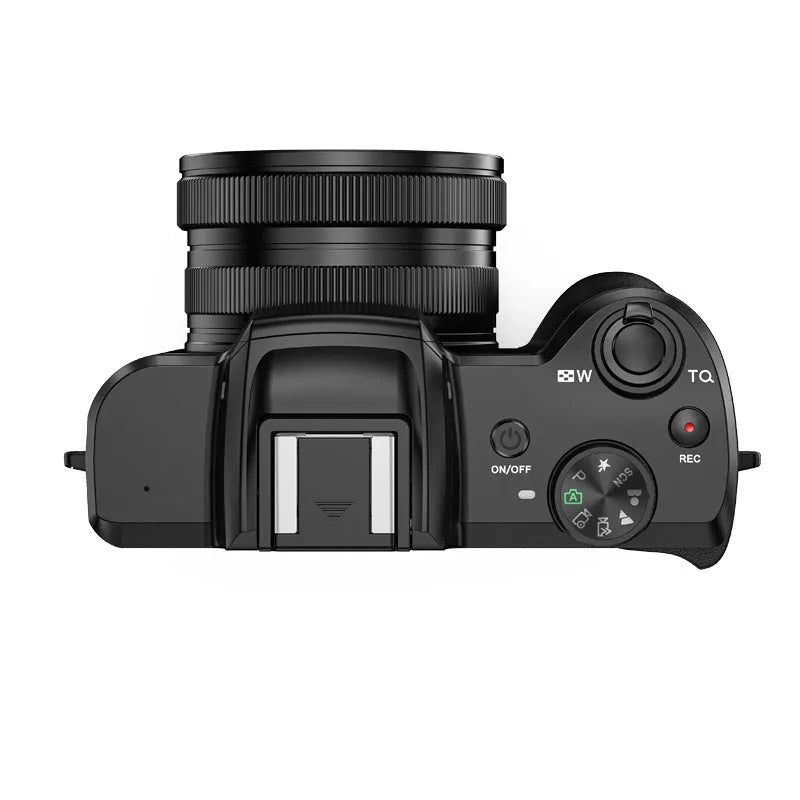 Black 16MP mirrorless camera with periscope lens and retractable zoom on a dark background