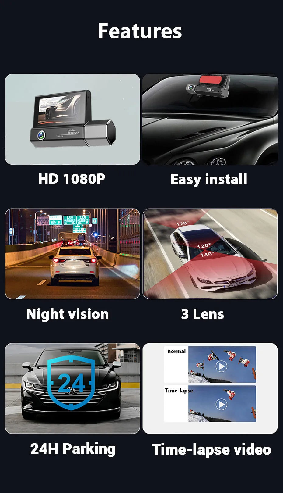 Black three-lens tachograph dash cam for car installation with 1080P HD recording