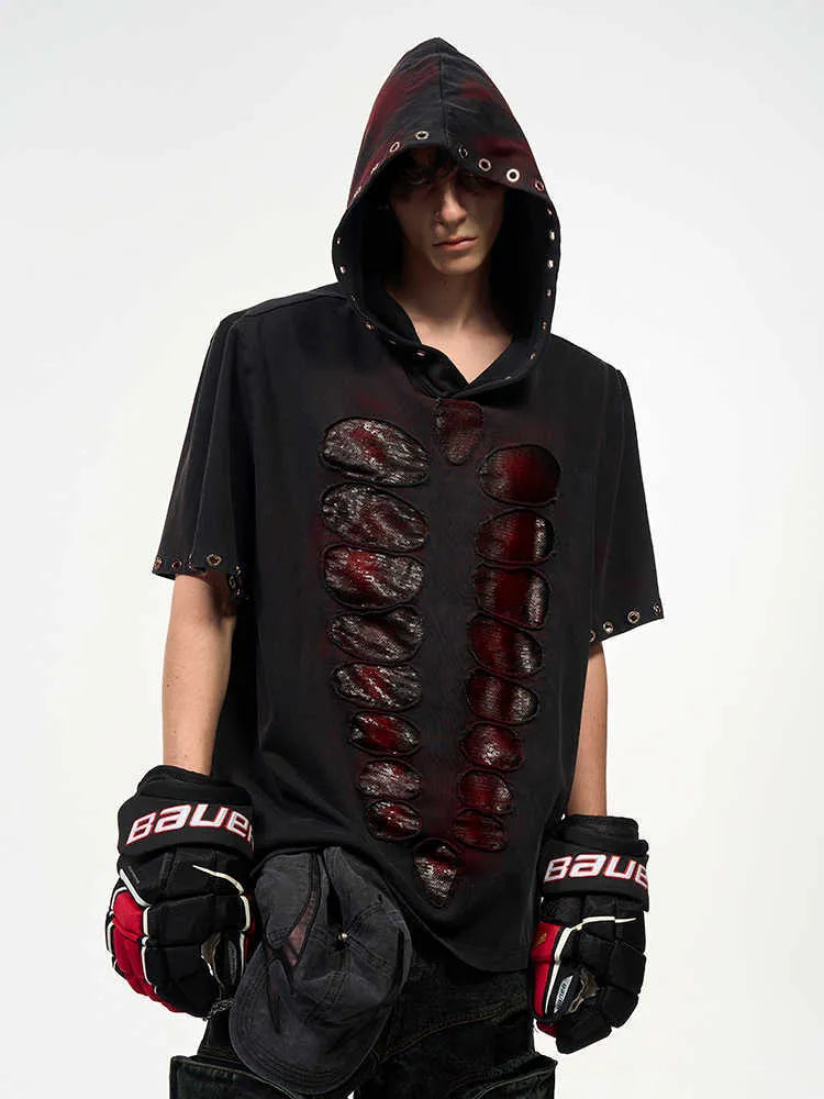Black men's hooded short-sleeve T-shirt with sequin detailing in a loose fit.