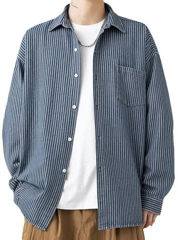 Blue men's denim shirt cardigan style with stripes on hanger