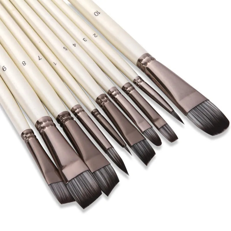 Set of 10 pearl white nylon watercolour brushes with wooden handles in a PVC bag