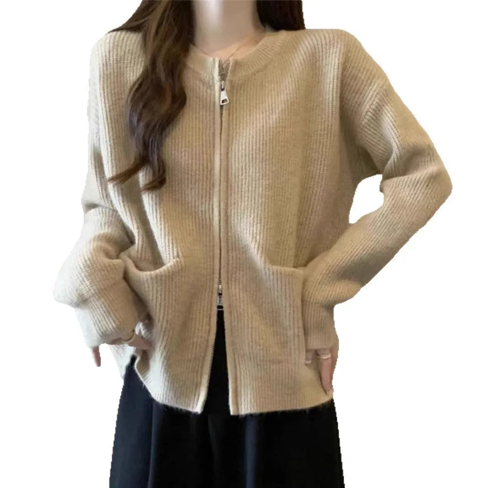 Beige viscose knit cardigan for women with long sleeves, shown open as a layer.
