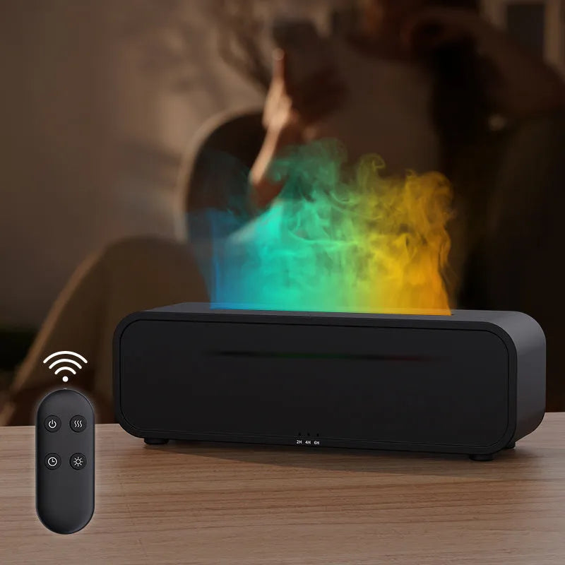 Black and white aroma diffuser with remote control showing colour-changing flame light effect