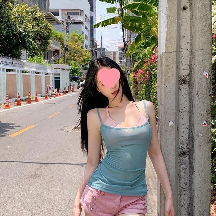 Short sleeveless see-through top in polyester fabric showing no back design