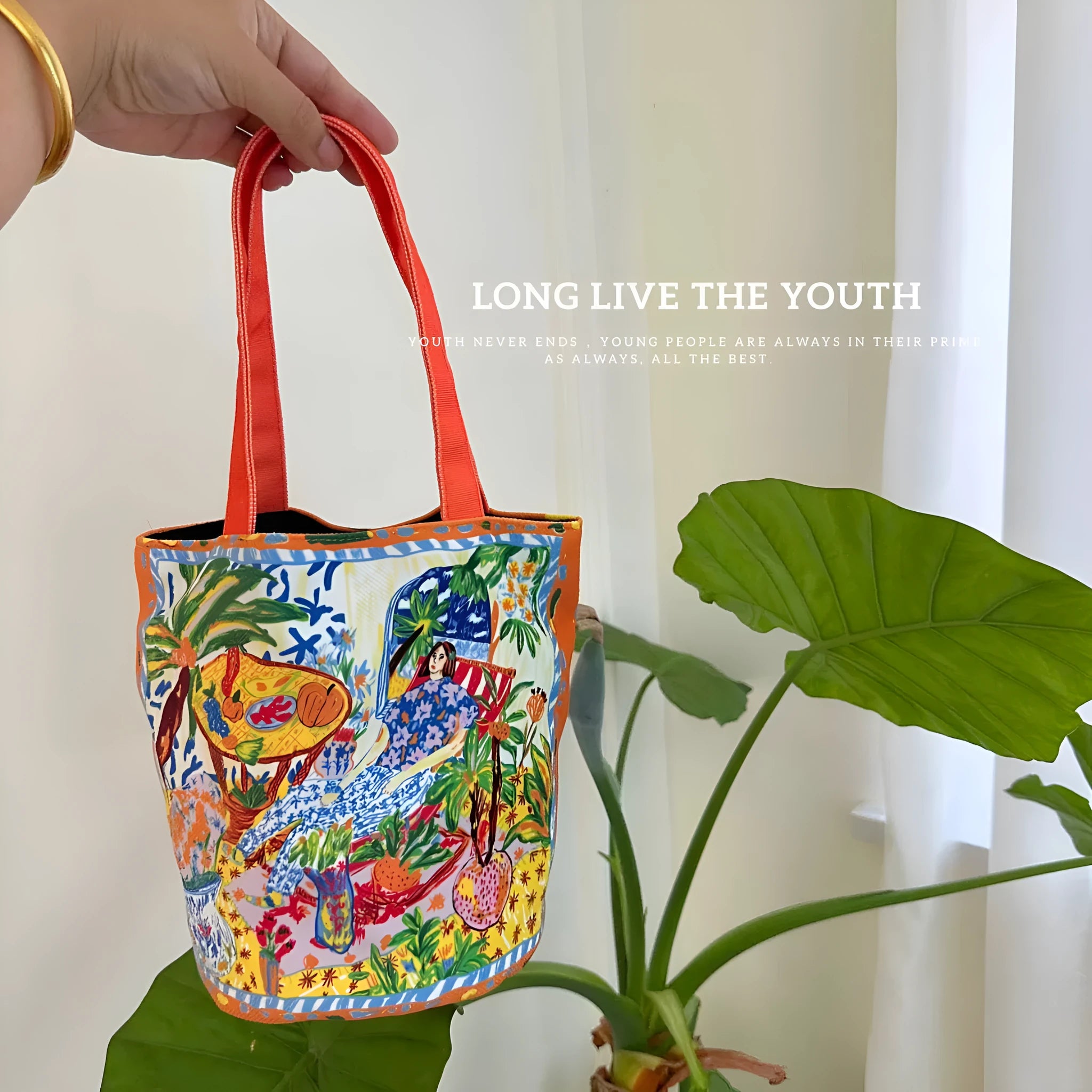 Dream garden orange plush bucket handbag with canvas lining and internal zipper compartment
