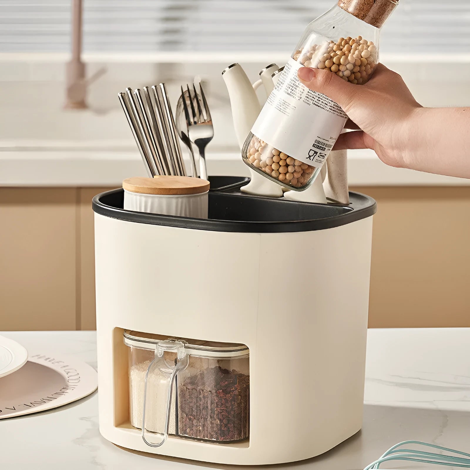 White rotating kitchen storage bucket set with a separate four-compartment spice box for cutlery and utensil organisation.