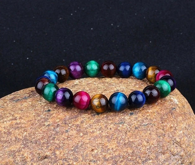 Handmade blue tiger stone couple bracelet with gold-plated accents, 8mm beads, 19cm length