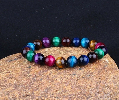 Handmade blue tiger stone couple bracelet with gold-plated accents, 8mm beads, 19cm length